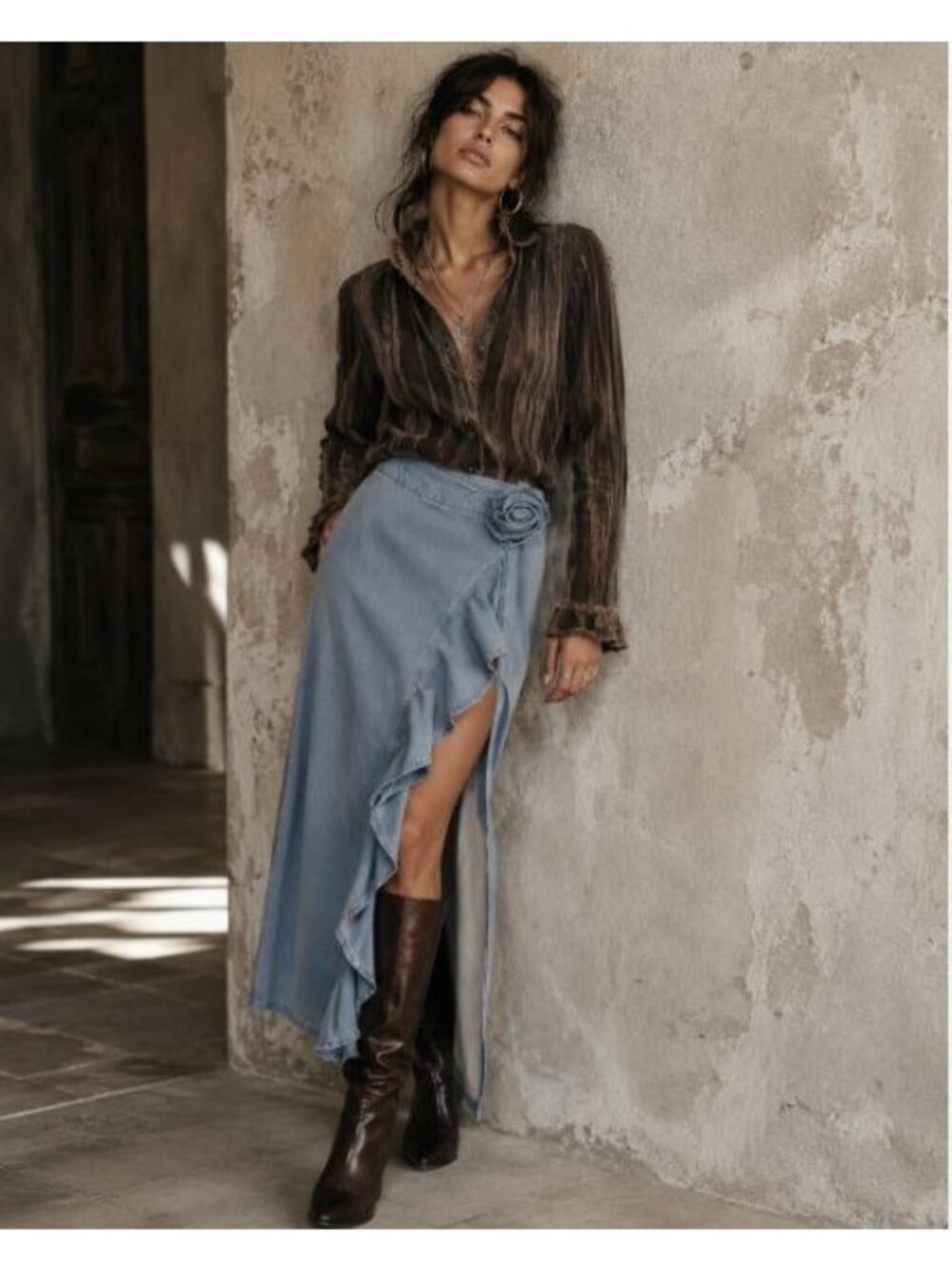 Chelsea & Violet Denim Ruffle Maxi Skirt Rosette Flower Boho Y2K Romantic Hippie